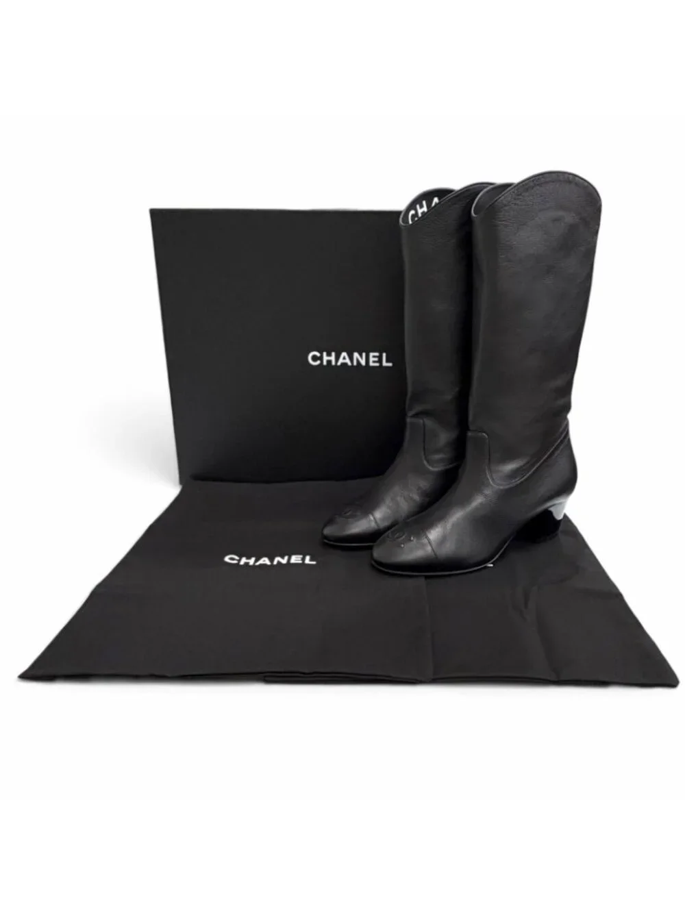 Chanel CC Logo Stitch Middle Leather Boots Jockey Black